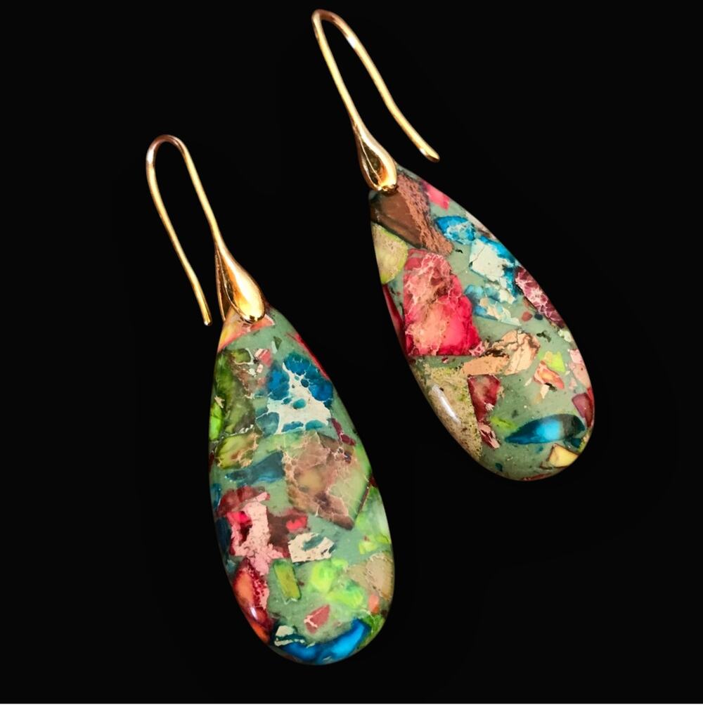 Artisan manmade rainbow sea-sediment jasper teardrop earrings, gold tone hooks